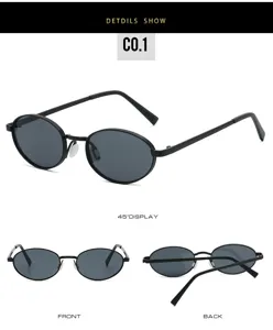 Detailed view of retro oval metal sunglasses featuring dark lenses and slim frames.