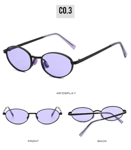 Trendy oval metal sunglasses with purple lenses for women and men, retro eyewear.