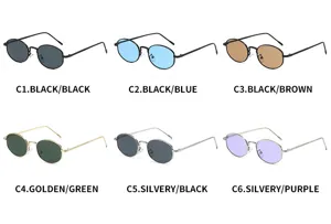Retro oval sunglasses for men and women, minimalist thin metal frame colored lens shades.
