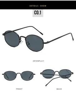 Classic vintage oval metal sunglasses with slim frames and dark lenses for men and women.