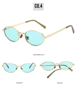 Metal oval sunglasses with light blue lenses, trendy retro eyewear for men and women.