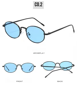 Classic vintage oval sunglasses with blue lenses and slim black metal frame for unisex.