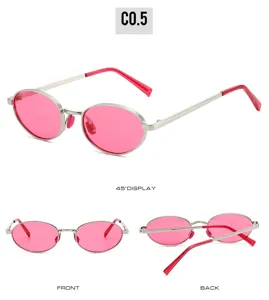 Trendy metal small frame oval sunglasses with vibrant pink lenses for daily fashion wear.