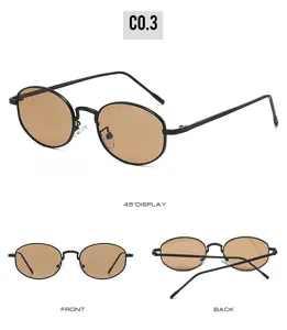 Vintage round metal sunglasses with brown lenses, minimalist thin-rimmed oval retro eyewear.