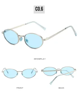 Retro oval metal sunglasses for women men trendy small frame eyewear light blue lenses.