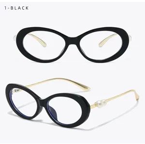 Stylish black oval blue light blocking glasses with chic gold temples and delicate pearl details.