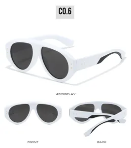 Detailed view of trendy large-frame fashion sunglasses with white thick temples and dark lenses.
