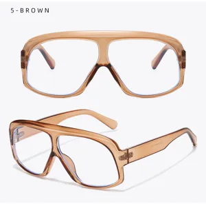 Fashionable oversized square clear glasses with brown frame and blue light blocking lenses.