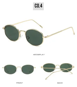 Detailed view of vintage oval sunglasses with thin gold frame and dark green lenses.