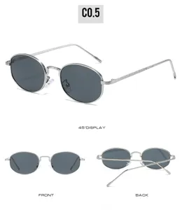 Vintage oval metal frame sunglasses with dark gray lenses for men and women daily wear.