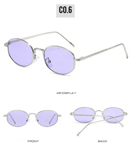 Detailed view of vintage oval sunglasses with purple lenses and slim metal frame for unisex.