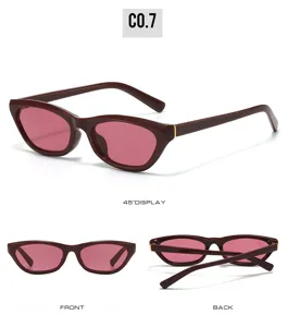 Gedetailleerd overzicht van trendy smalle zonnebril in donkerbordeaux met roze lenzen.