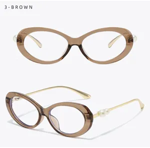 Stylish oval anti-blue light glasses frame with chic pearls and gold temples for women.