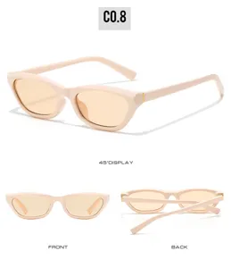 Gedetailleerd overzicht van trendy cat-eye zonnebril met nude roze montuur.