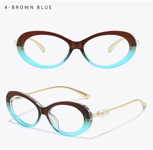 Oval anti-blue light glasses frame with gradient brown blue color and stylish pearl temples.