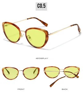Retro cat-eye sunglasses detail view, stylish tortoiseshell frame with bright yellow lenses.