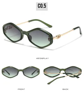 Detail shot of green hexagon sunglasses, gold metal temples with cute heart decor, modern look.