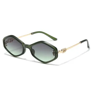 Trendy green cat eye sunglasses with gold metal arms and chic heart rhinestone details for women.