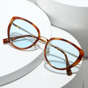 Chic Vintage Cat Eye Sunglasses Large Frame Maillard Tortoiseshell Blue Lenses Trendy