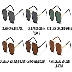 Detail view showing six color variants of stylish neutral polygonal sunglasses with double bridge.