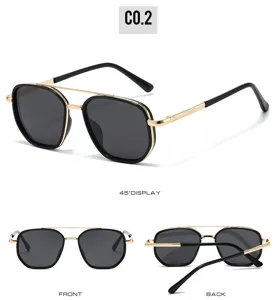 Neutral polygon sunglasses with double bridge metal frame and polarized lenses for daily fashion.