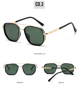 Unisex polygon double bridge sunglasses with chic gold and black frame and green lenses.