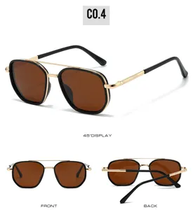 Neutral polygon polarized sunglasses with double bridge and chic black gold metal frame design.