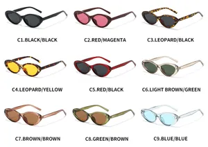 Details of stylish retro oval cat-eye sunglasses displayed in multiple vibrant color options.