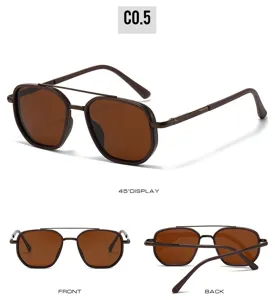 Detailed view of neutral polygon sunglasses with metal double bridge and brown lenses.