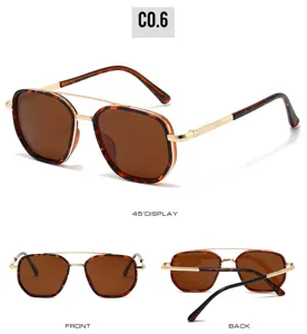 Detailed view of polygon sunglasses with double bridge, tortoise shell and gold frame.