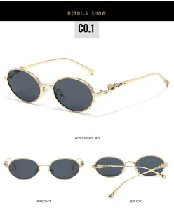 Gold metal oval sunglasses with leopard temple detail, multi-angle view product detail.