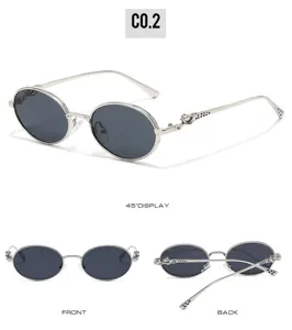 Detailed view of vintage oval metal sunglasses showcasing exquisite frame design and dark lenses.