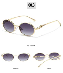 Classic vintage oval metal sunglasses featuring elegant panther temple details for women.