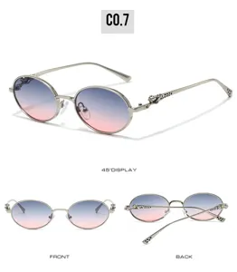Detail view of vintage oval metal sunglasses with gradient lenses and panther temple decor.