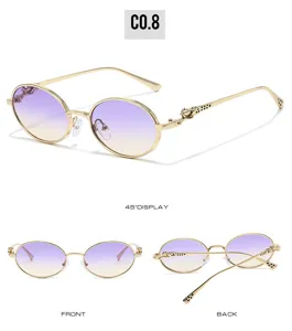 Detail view of retro oval metal sunglasses with gradient purple lenses and leopard temple decor.