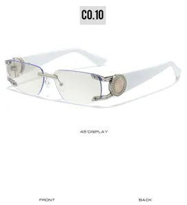 Rimless sunglasses detail featuring white temples, metallic frame, and oval lenses.