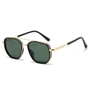 Neutral polygonal sunglasses with double bridge gold black frame and green polarized lenses.