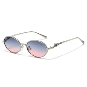 Vintage oval metal sunglasses for women with gradient blue pink lenses and chic temple design.