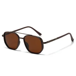 Neutral polygonal sunglasses with double bridge and brown polarized lenses for daily fashion style.