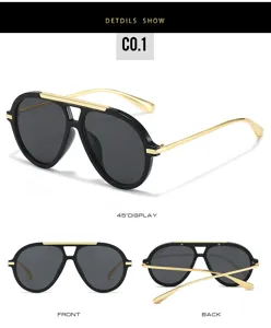 Classic oversized pilot sunglasses for women, retro black and gold metal frame chic stylish.