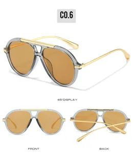 Detailed view of vintage pilot sunglasses with grey translucent frame and brown lenses.