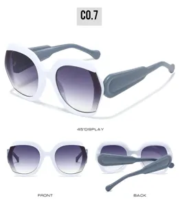 Detailed view of trendy oversized hexagon sunglasses with gradient lenses and white thick frame.