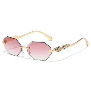 Trendy rimless gradient polygonal sunglasses with luxury gold frames and sparkling crystal temples.