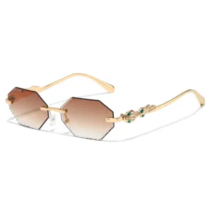 Trendy rimless polygonal sunglasses with gradient brown lenses and chic gold snake temples.