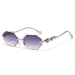 Rimless polygon sunglasses featuring gradient purple lenses and ornate metal temples for women.