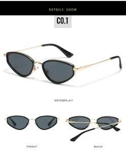 Detail view of stylish narrow frame cat eye sunglasses with metal temples and UV protection.
