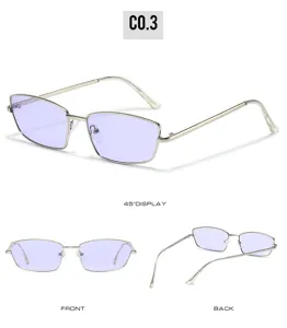 Detailansicht der schicken quadratischen Metallrahmen-Sonnenbrille mit lila Gläsern.