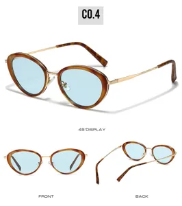 Details of 2026 oval metal sunglasses, tortoiseshell frame, light blue lenses, street style.