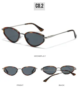Detailed multi-angle view of trendy narrow frame cat-eye sunglasses for women and men, UV protection.