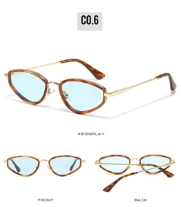 Fashion narrow frame cat eye sunglasses with tortoise shell rim and light blue lenses for women.